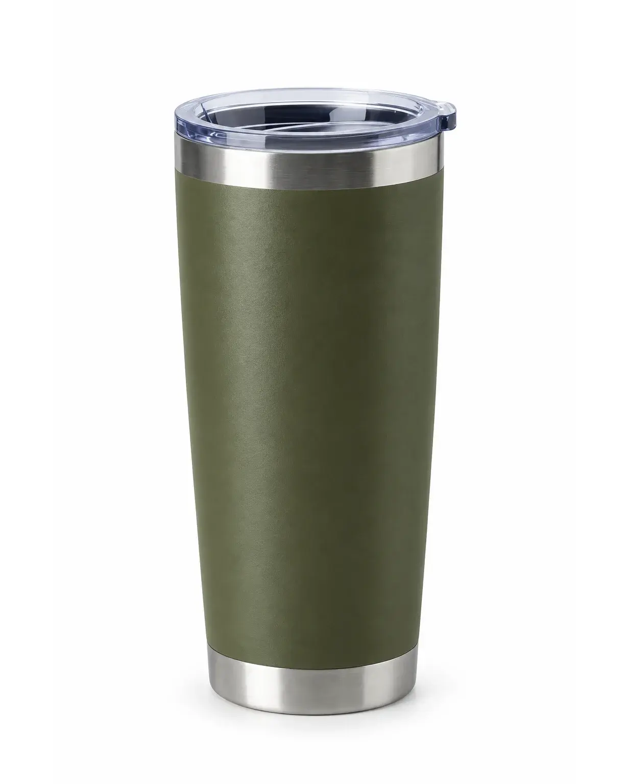20 oz insulated travel tumbler in olive green with clear lid